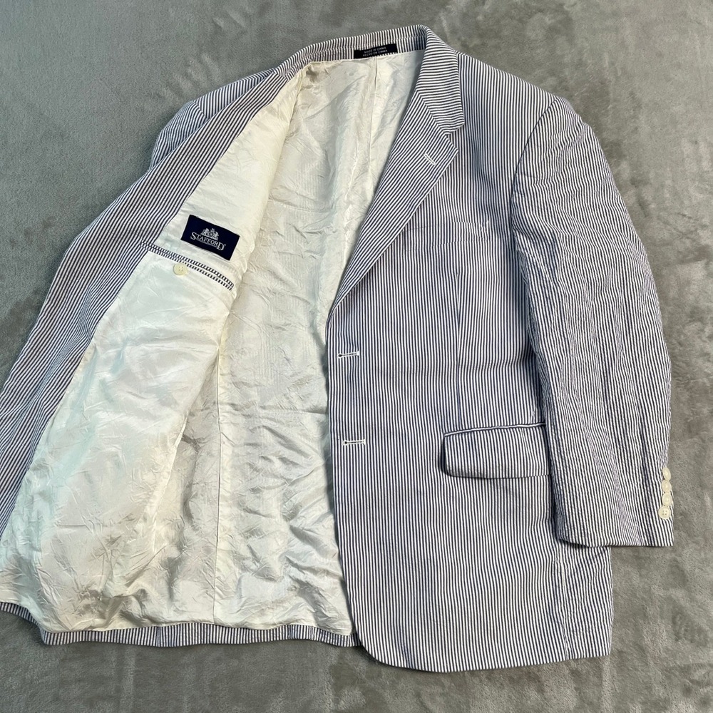 Stafford Mens 42S Seersucker Blazer Blue White Striped Cotton Sport Coat Jacket